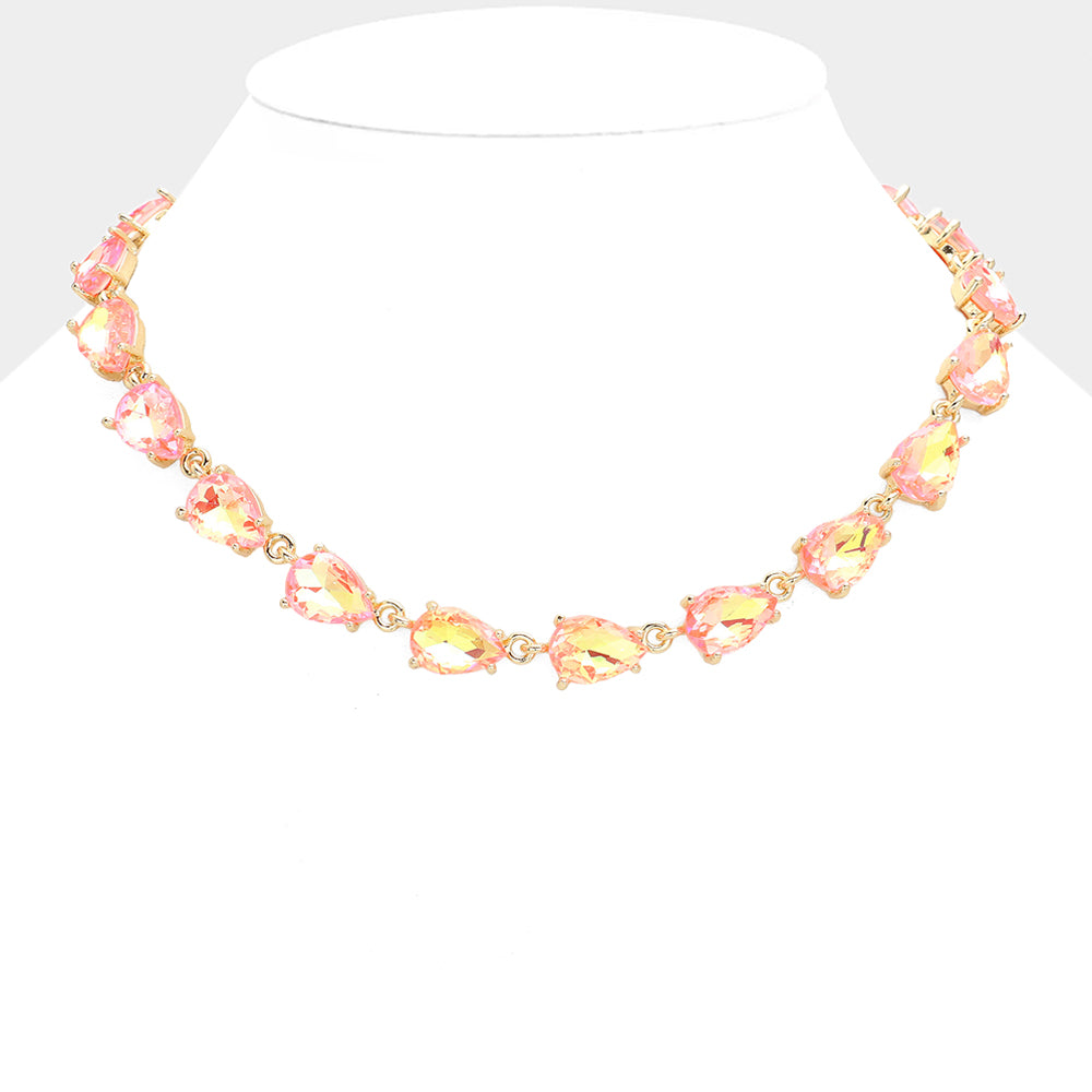 Neon Coral AB Teardrop Cluster Link Pageant Necklace  | Homecoming Necklace | Homecoming Jewelry