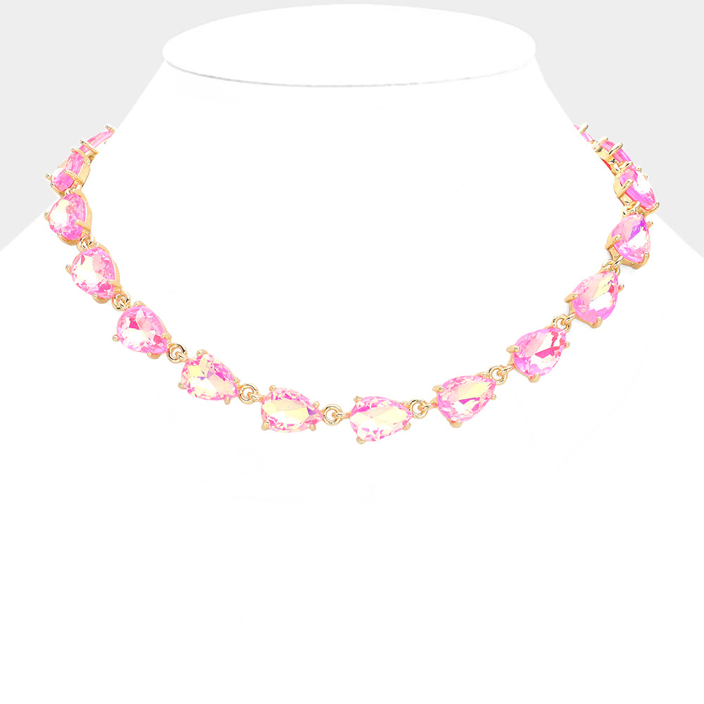 Neon Fuchsia AB Teardrop Cluster Link Pageant Necklace  | Homecoming Necklace | Homecoming Jewelry