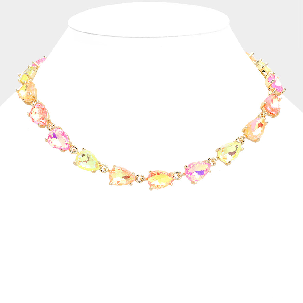 Neon Multi-Color AB Teardrop Cluster Link Pageant Necklace  | Homecoming Necklace | Homecoming Jewelry