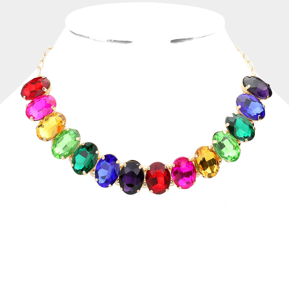 Multi-Color Oval Stone Pageant Necklace  | Evening Necklace