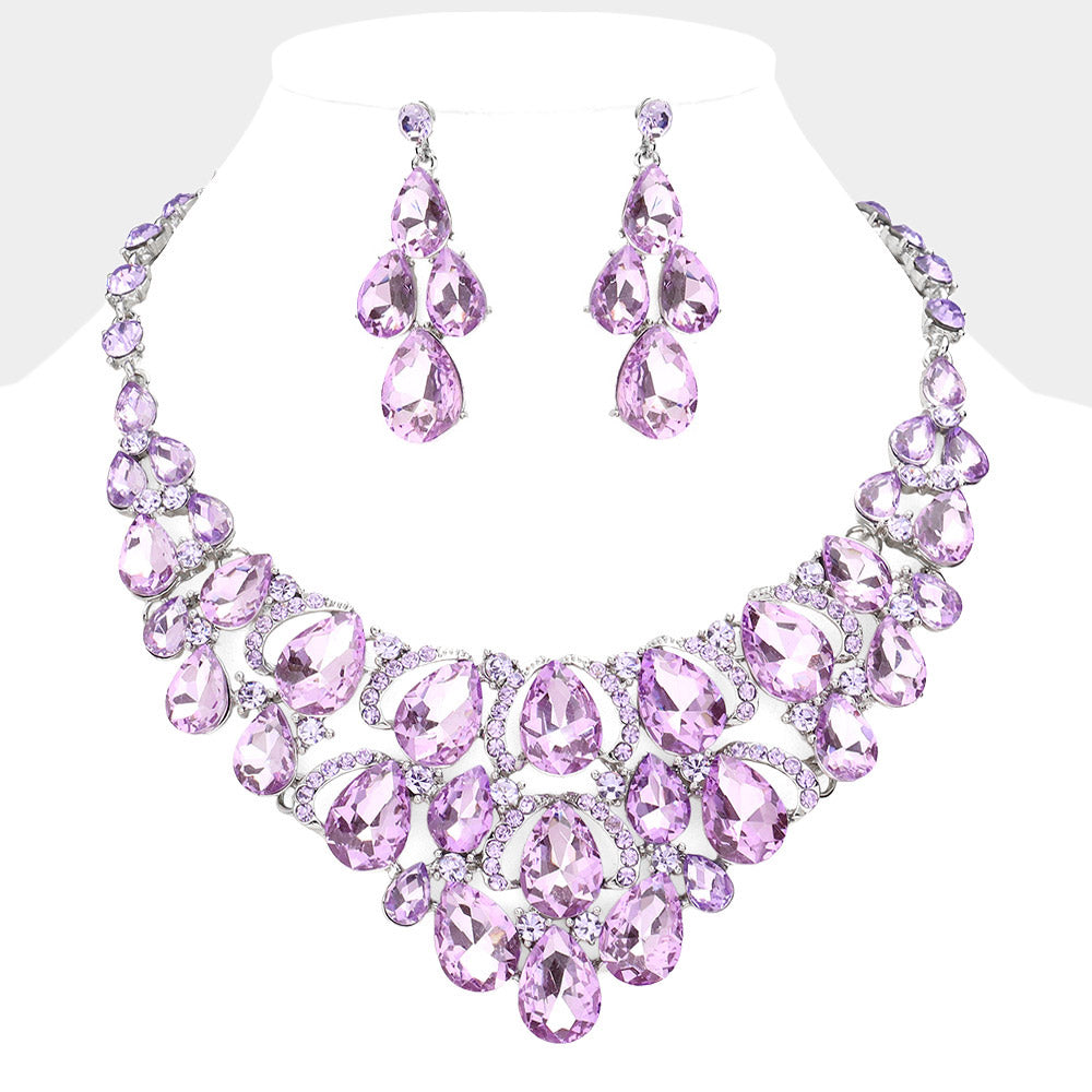 Violet Crystal Teardrop Cluster Pageant Necklace  | Statement Necklace | 602696