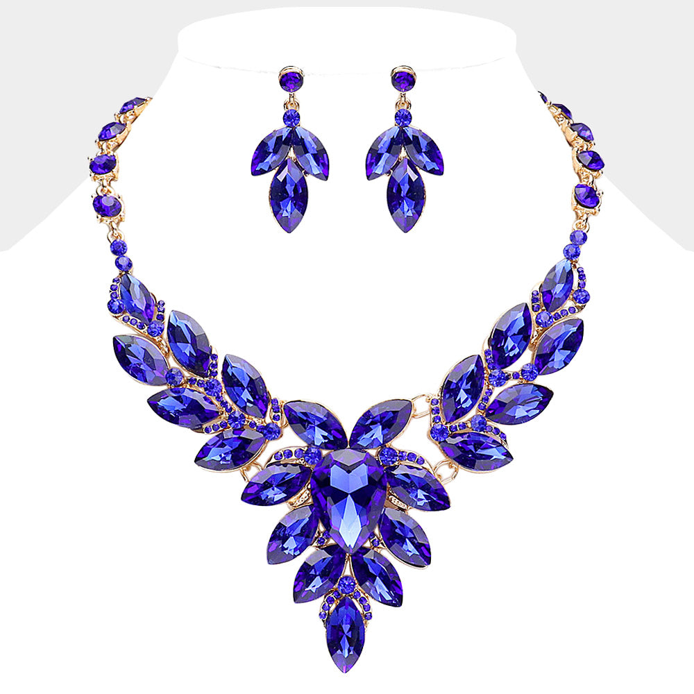 Sapphire Teardrop Center and Marquise Stone Prom Necklace Set | Special Occasion Necklace Set