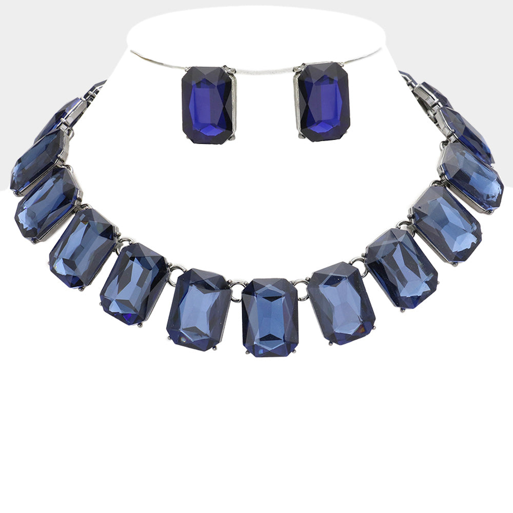 Navy Crystal Emerald Cut Stone Link Statement Necklace | Homecoming Jewelry