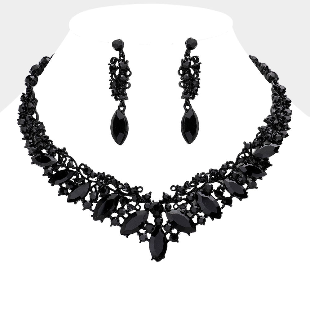 Jet Black Diamond Marquise and Mixed Stone Statement Necklace Set | Crystal Stone Evening Necklace Set