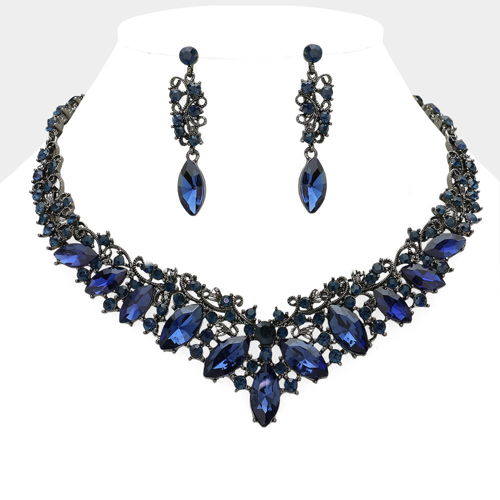 Navy Diamond Marquise and Mixed Stone Statement Necklace Set | Crystal Stone Evening Necklace Set