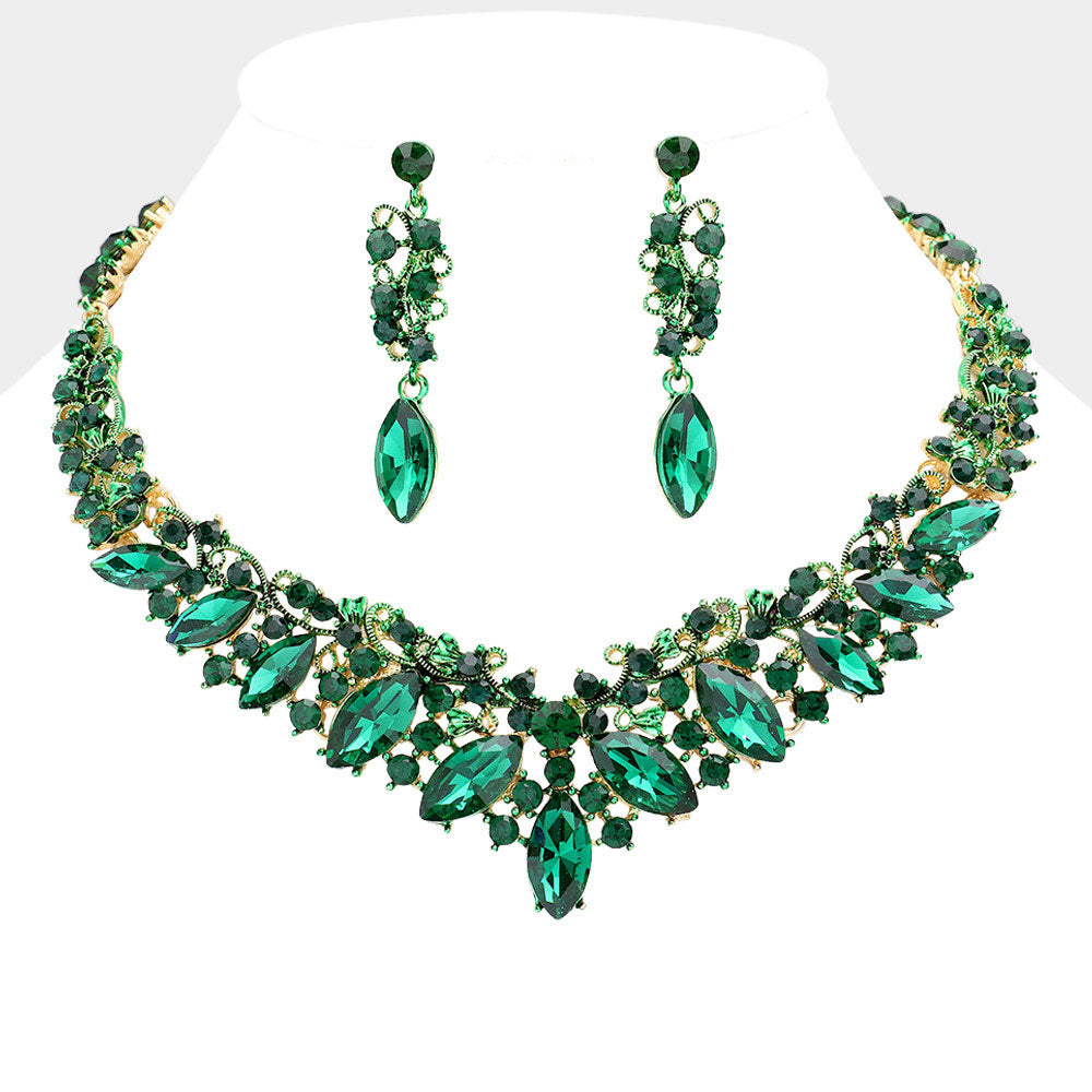 Emerald Marquise and Mixed Stone Statement Necklace Set | Crystal Stone Evening Necklace Set