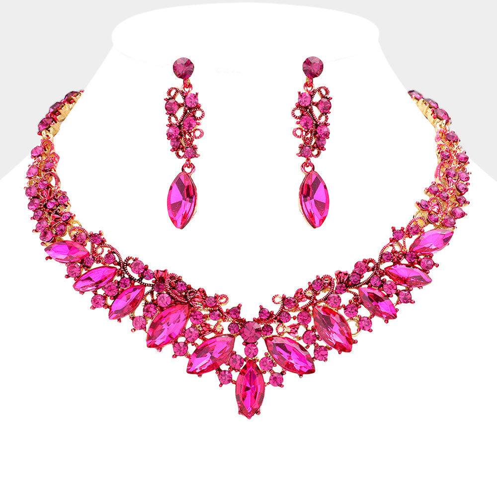 Fuchsia Diamond Marquise and Mixed Stone Statement Necklace Set | Crystal Stone Evening Necklace Set