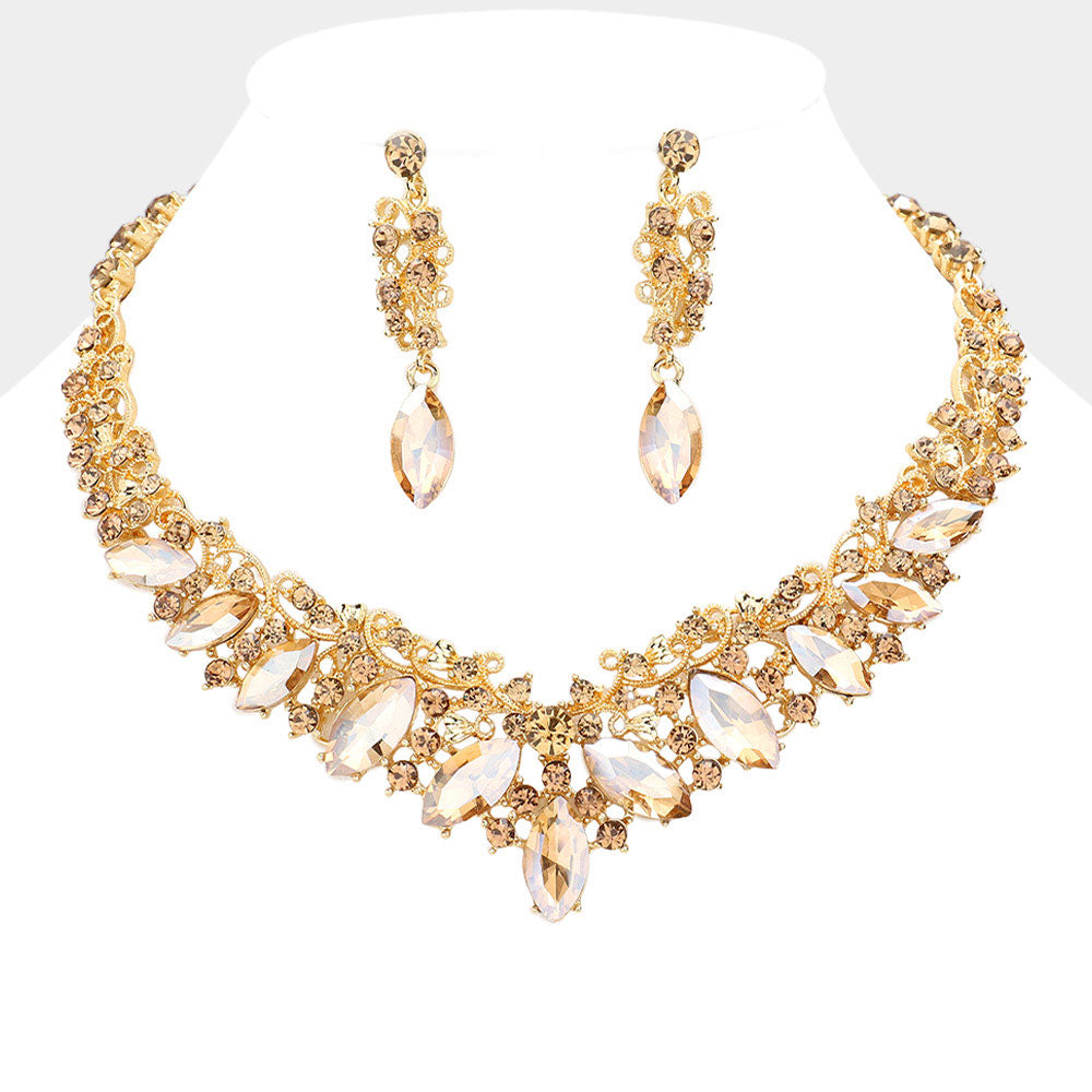 Light Topaz Marquise and Mixed Stone Statement Necklace Set | Crystal Stone Evening Necklace Set