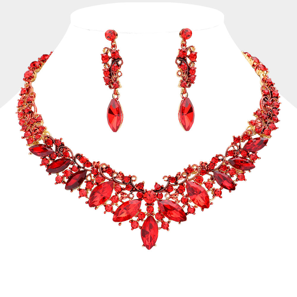 Red Diamond Marquise and Mixed Stone Statement Necklace Set | Crystal Stone Evening Necklace Set