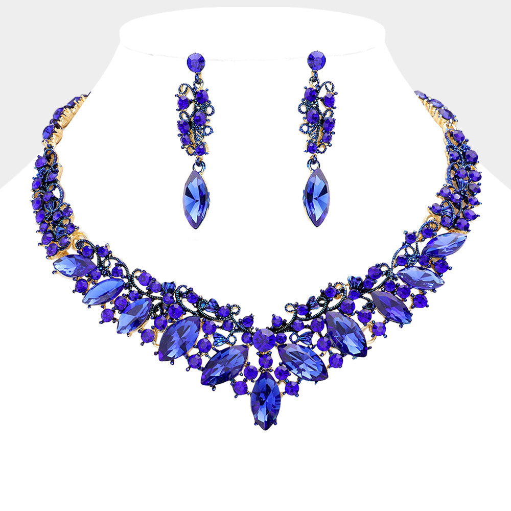 Sapphire Diamond Marquise and Mixed Stone Statement Necklace Set | Crystal Stone Evening Necklace Set