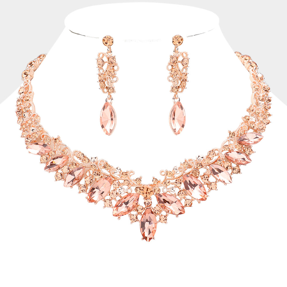 Peach Diamond Marquise and Mixed Stone Statement Necklace Set | Crystal Stone Evening Necklace Set