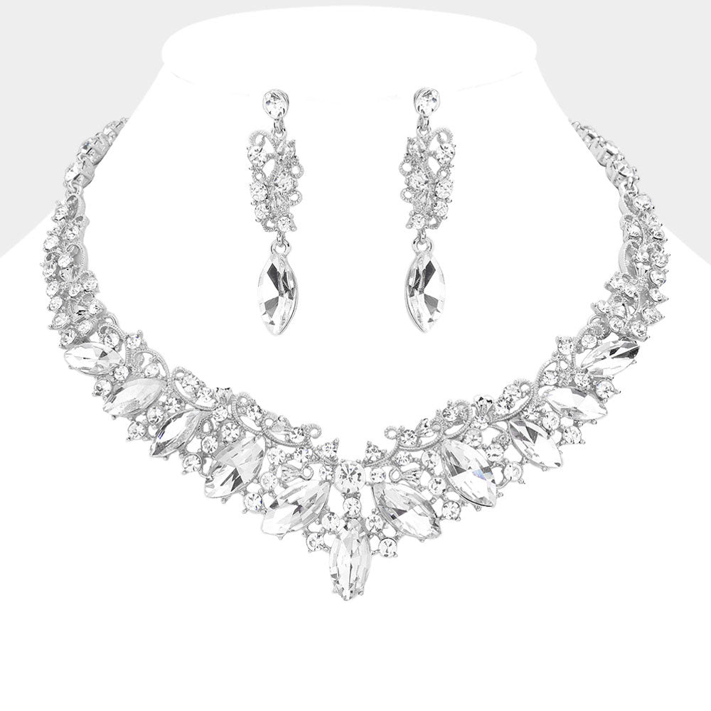 Clear Diamond Marquise and Mixed Stone Statement Necklace Set | Crystal Stone Evening Necklace Set