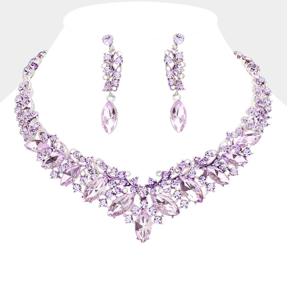 Violet Marquise and Mixed Stone Statement Necklace Set | Crystal Stone Evening Necklace Set