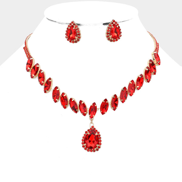 Clear Marquise Stone Cluster Drop Teardrop Pageant Necklace Set