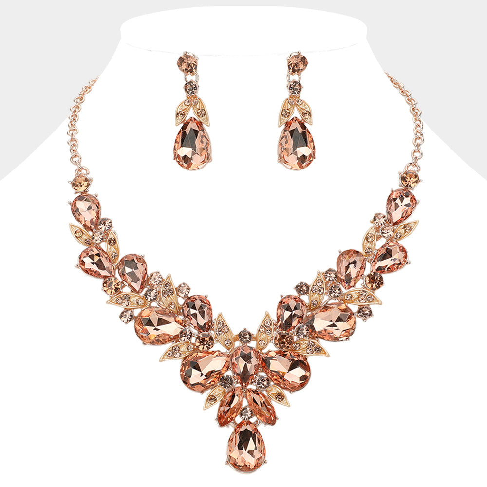 Leaf Cluster Peach Multi Stone Pageant Necklace on Rose Gold  | Evening Necklace