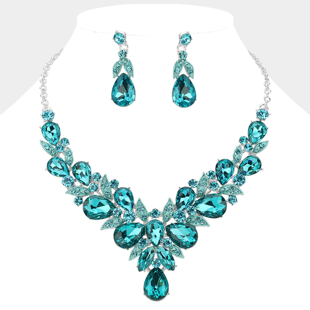 Leaf Cluster Aqua Multi Stone Pageant Necklace   | Evening Necklace 