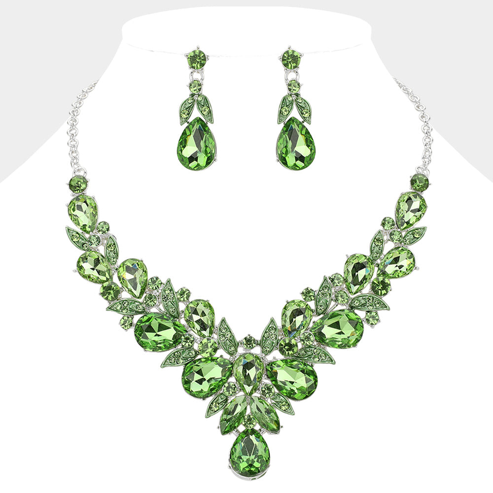 Leaf Cluster Green Multi Stone Pageant Necklace   | Evening Necklace