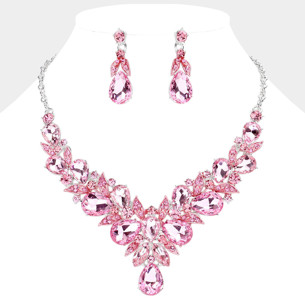 Leaf Cluster Pink Multi Stone Pageant Necklace  | Evening Necklace