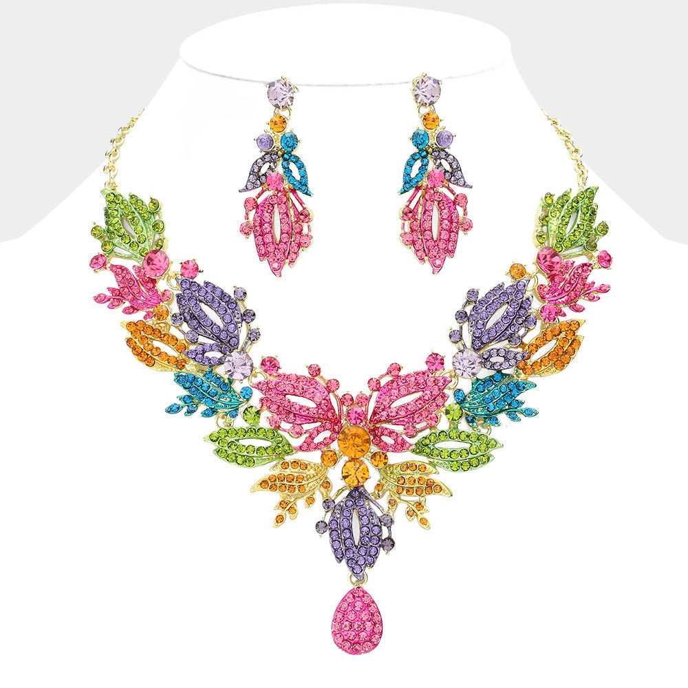 Multi Color Pastel Rhinestone Leaf Cluster Pageant Necklace Set | Evening Necklace Set