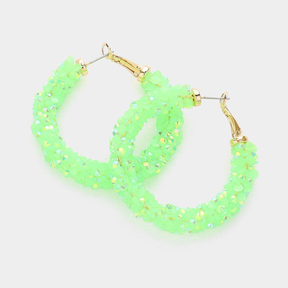 Neon Lime Green Beaded Fun Fashion Hoop Earrings | 1.8"