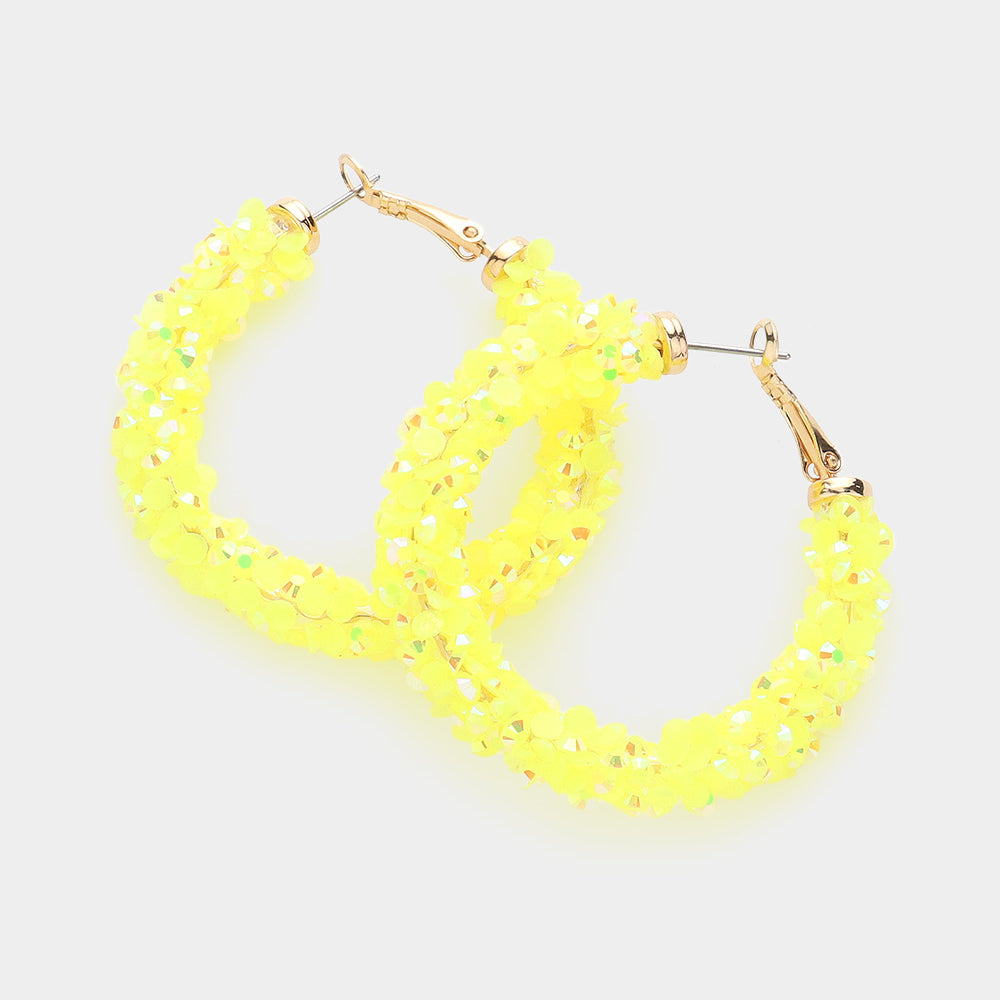 Neon Yellow Beaded Fun Fashion Hoop Earrings | 1.8"