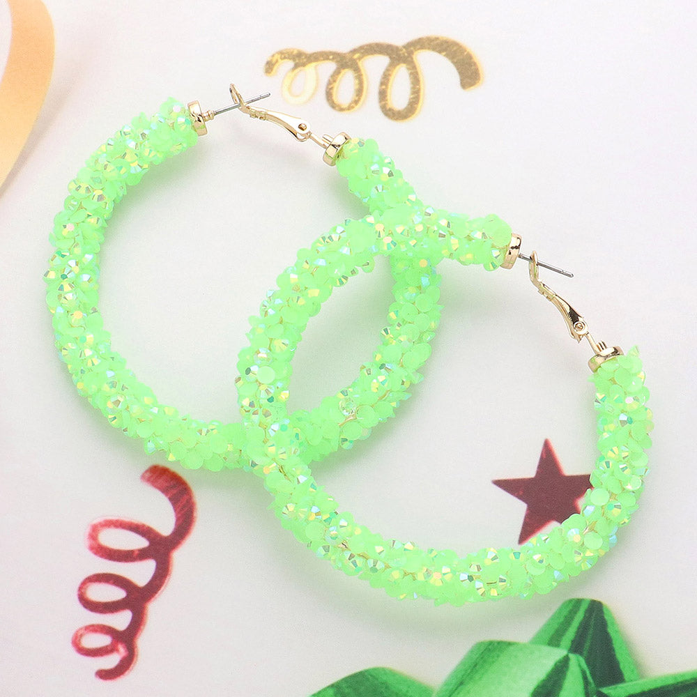 Neon Lime Green Beaded Fun Fashion Hoop Earrings | 2.5" |  634447