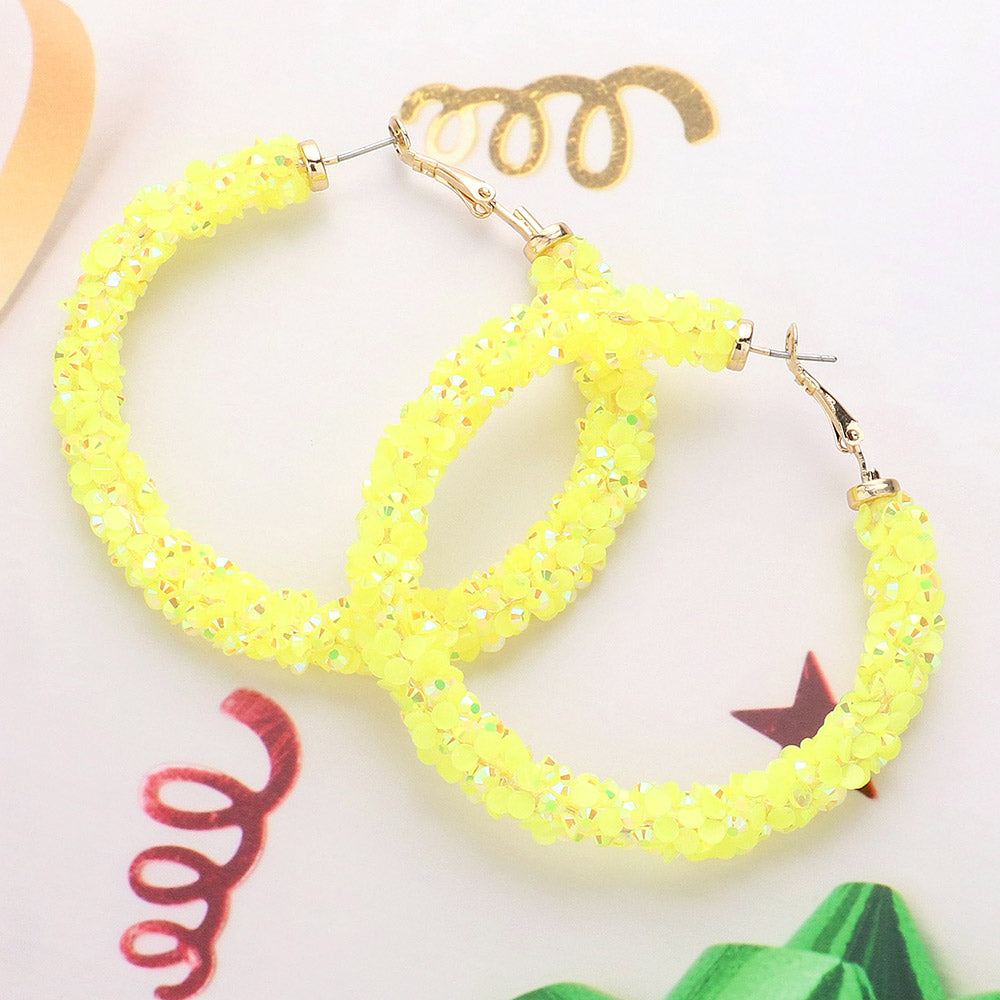 Neon Yellow Beaded Fun Fashion Hoop Earrings | 2.5"