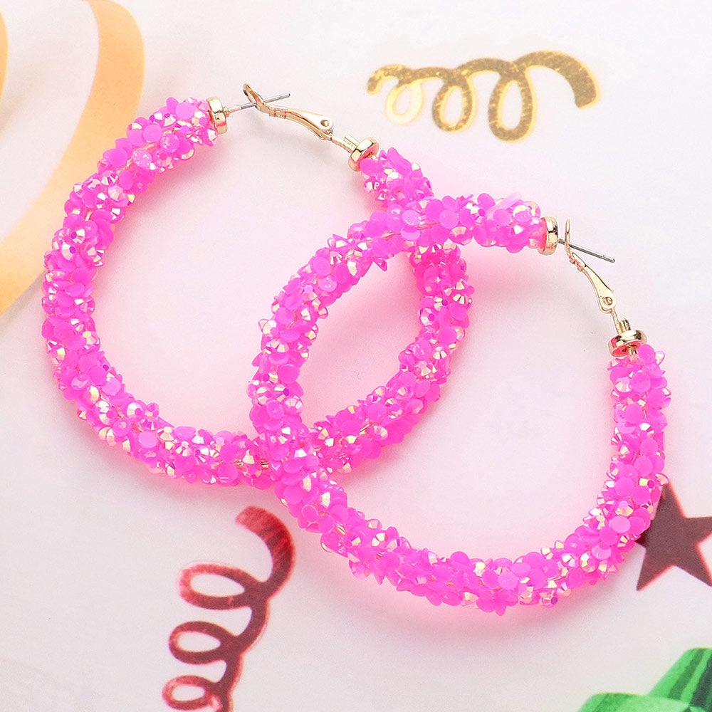 Neon Pink Beaded Fun Fashion Hoop Earrings | 2.5"