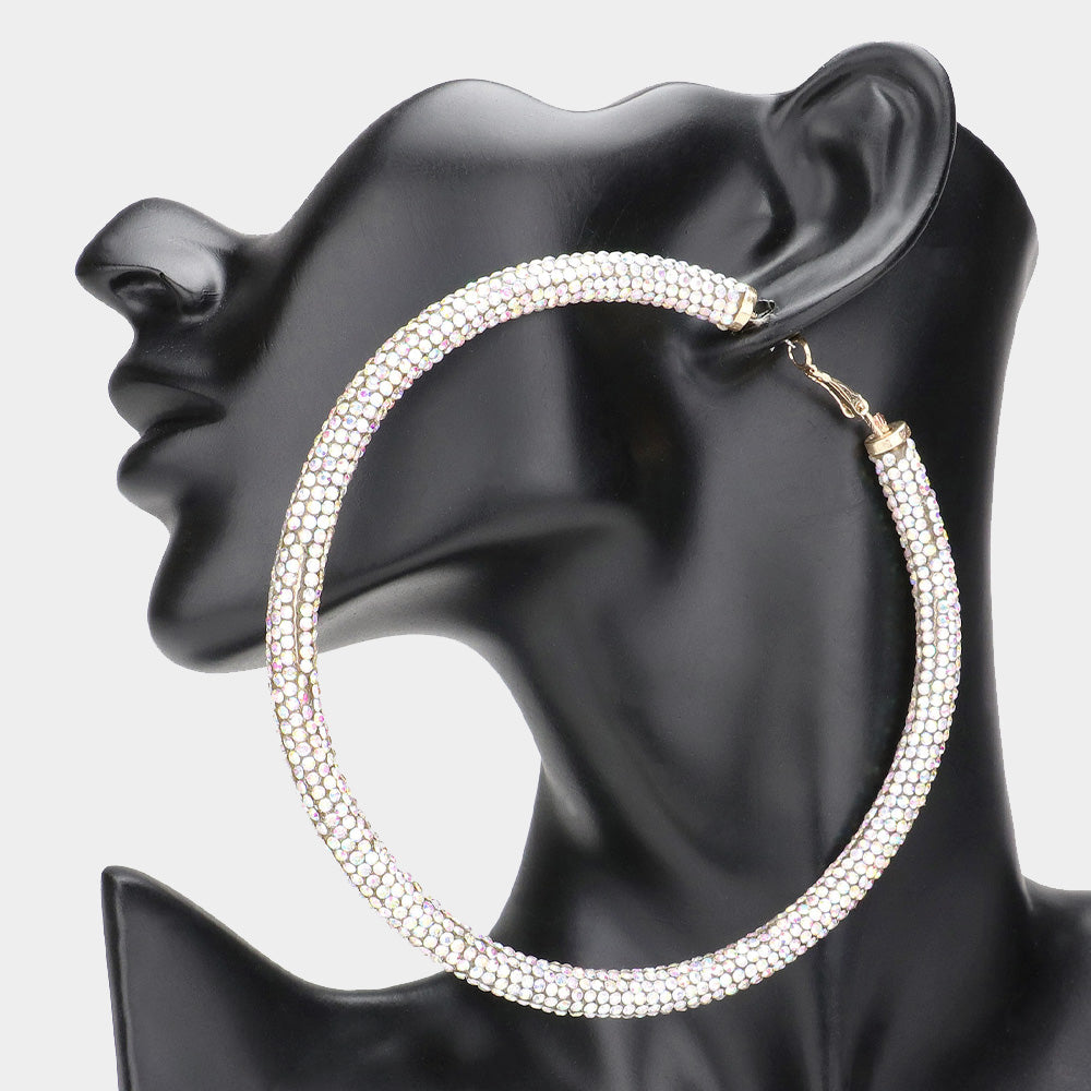 Large AB on Gold Rhinestone Studded Hoop Earrings | 4.25" 