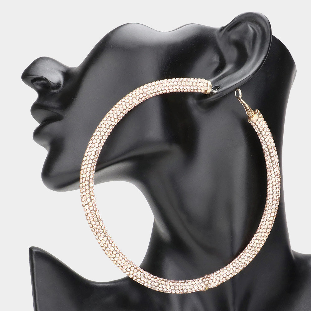 Large Peach Rhinestone Studded Hoop Earrings | 4.25"