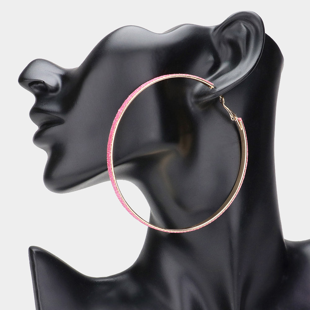 Oversized Pink Glittered Hoop Fun Fashion Earrings | 3.1" | Hoop Earrings