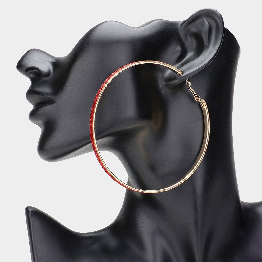 Oversized Red Glittered Hoop Fun Fashion Earrings | 3.1" | Hoop Earrings