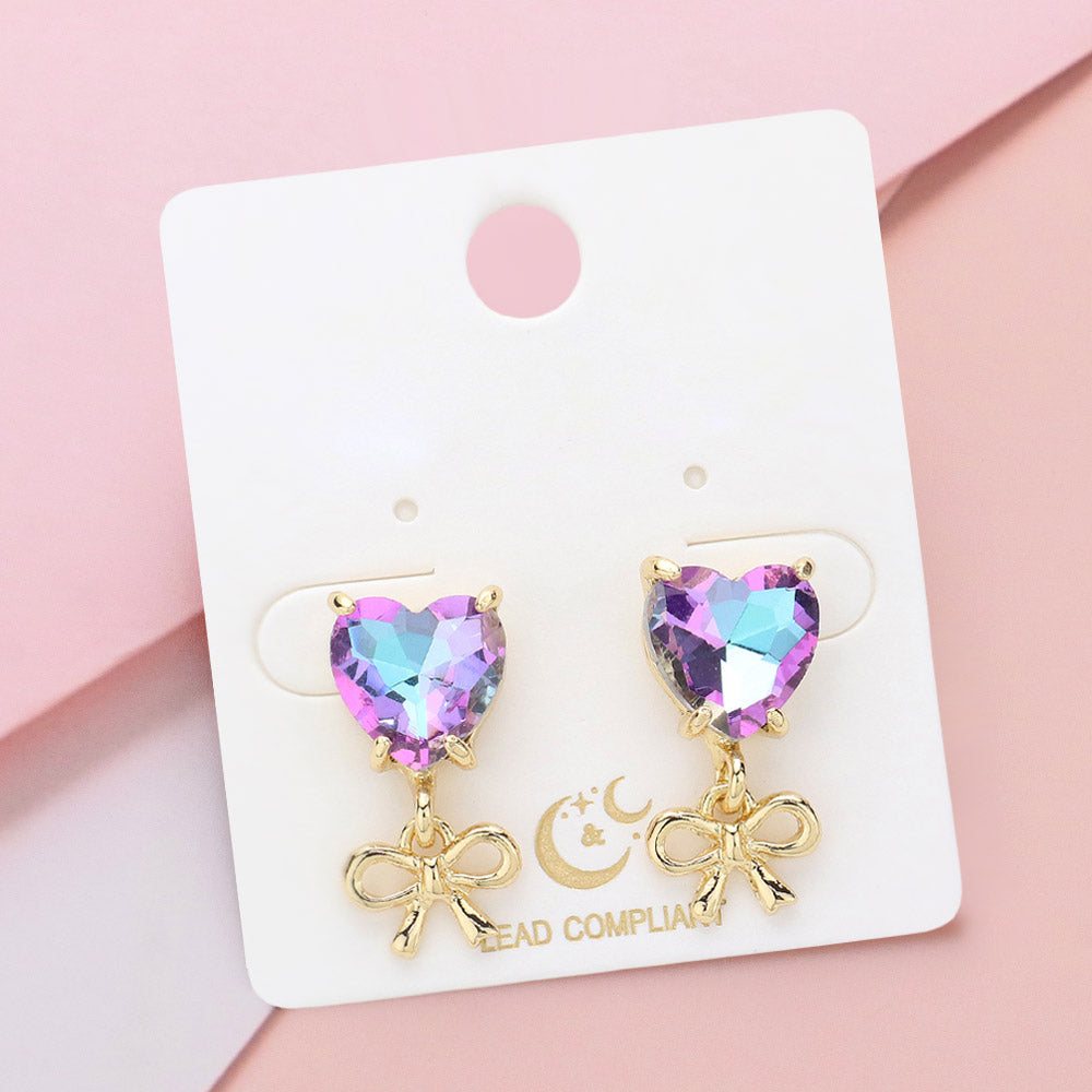 Lavender AB Heart Stone and Metal Bow Dangle Pageant Earrings  | Heart Earrings