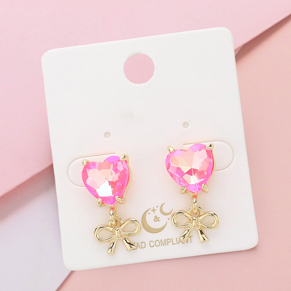 Fuchsia AB Heart Stone and Metal Bow Dangle Pageant Earrings | Heart Earrings