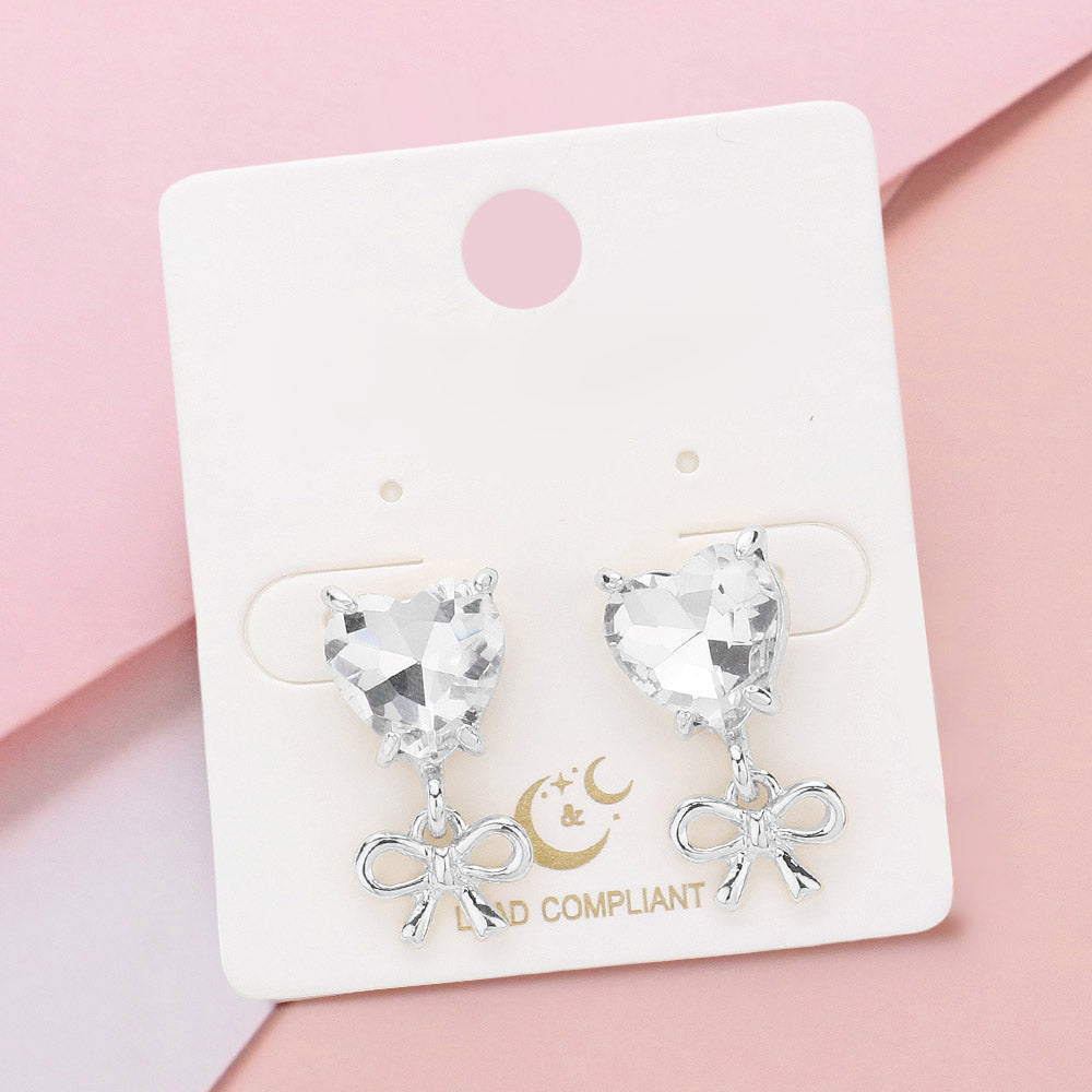 Clear Heart Stone and Metal Bow Dangle Pageant Earrings d| Heart Earrings 