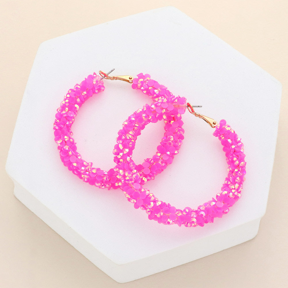 Fuchsia Beaded Hoop Earrings | 2.25" | Fun Fashion Jewelry