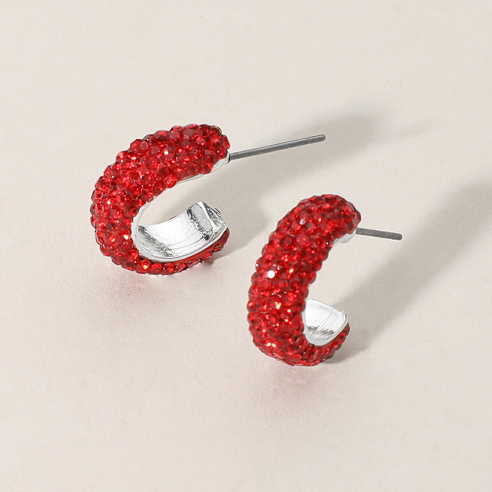 18K Gold Dipped Red Rhinestone Mini Half Hoop Earrings | 0.7"