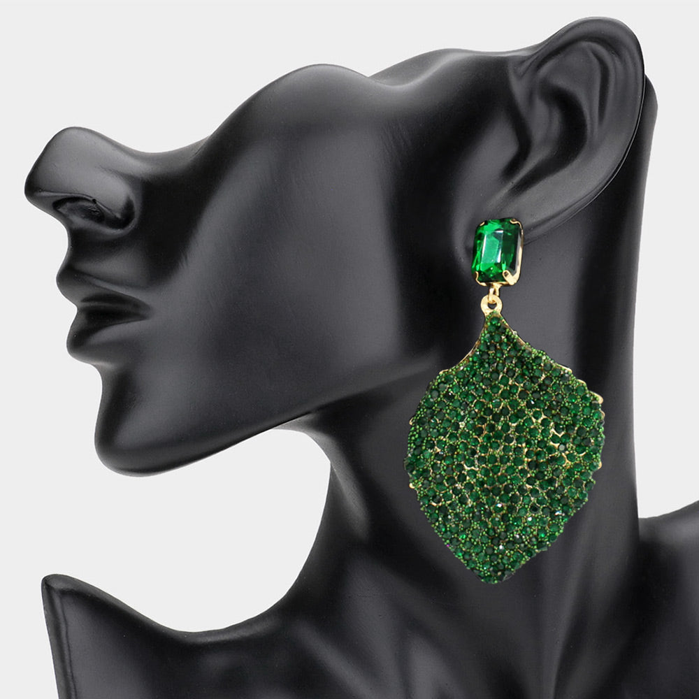 Emerald Rhinestone Embellished Fun Fashion Leaf Shaped Earrings | Headshot Earrings 