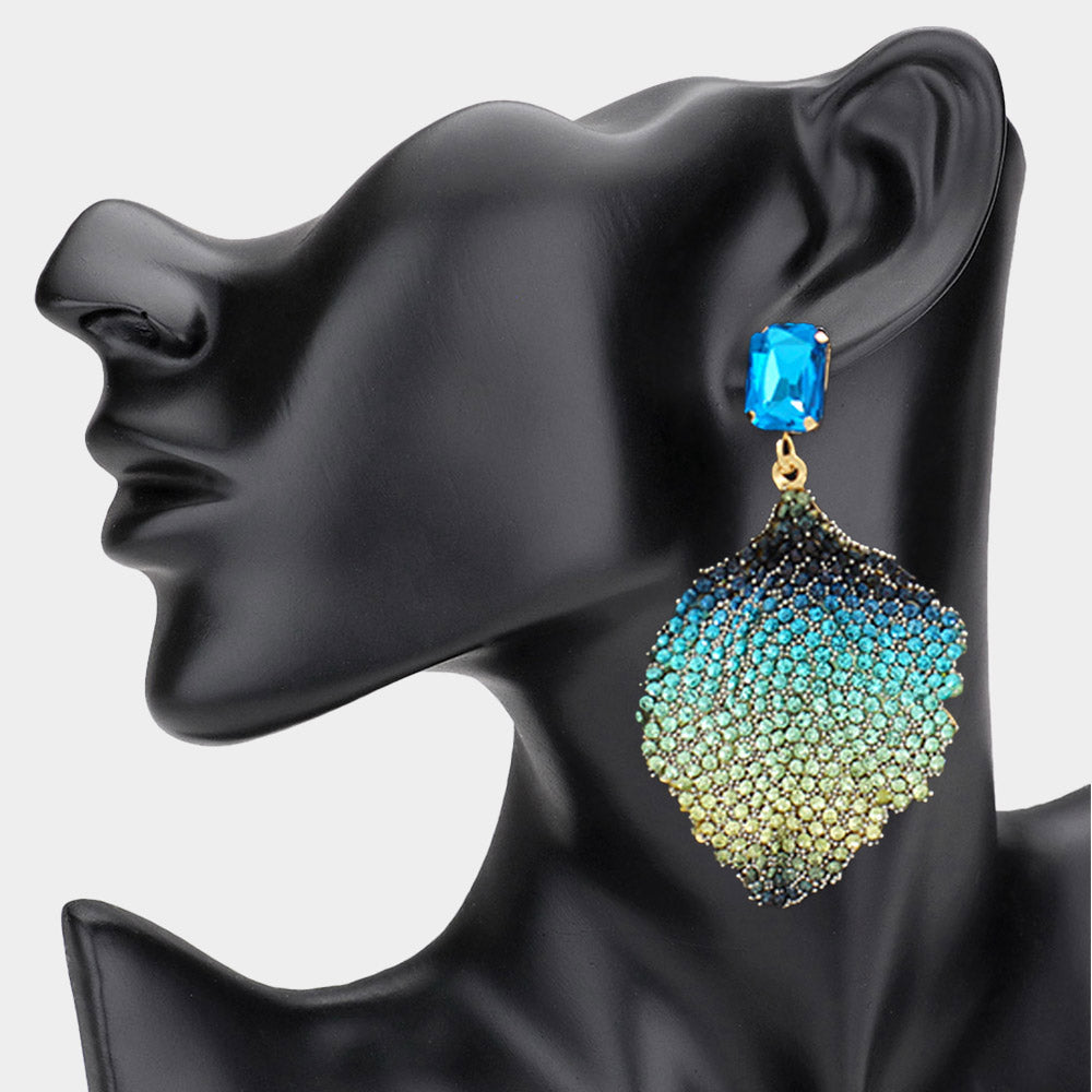 Blue To Gold Ombre Rhinestone Embellished Fun Fashion Leaf Shaped Earrings | Headshot Earrings