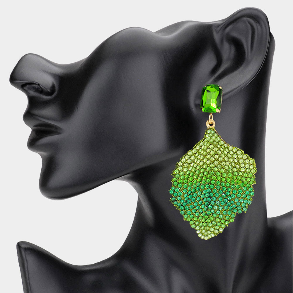 Green Ombre Rhinestone Embellished Fun Fashion Leaf Shaped Earrings | Headshot Earrings