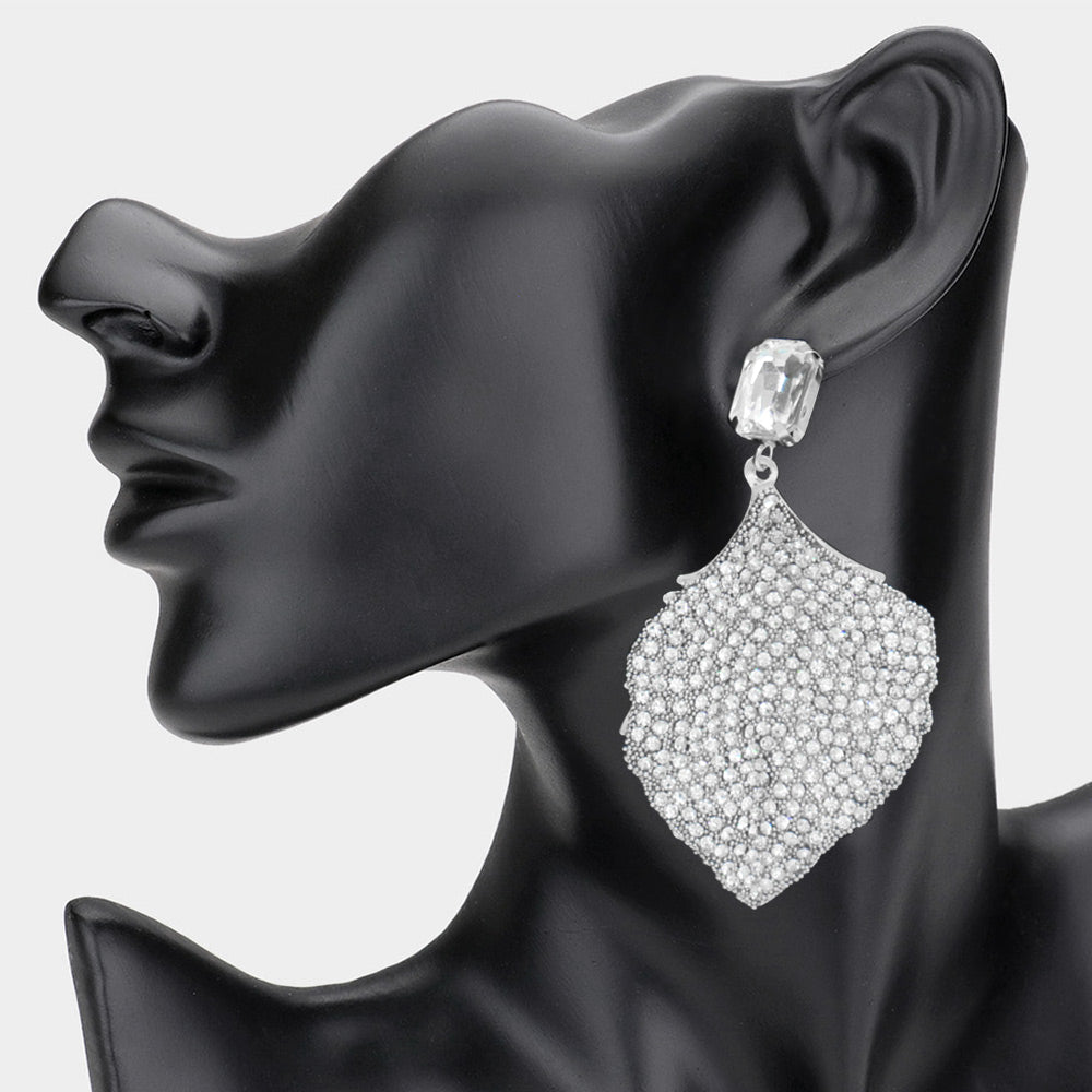 Clear Rhinestone Embellished Fun Fashion Leaf Shaped Earrings | Headshot Earrings