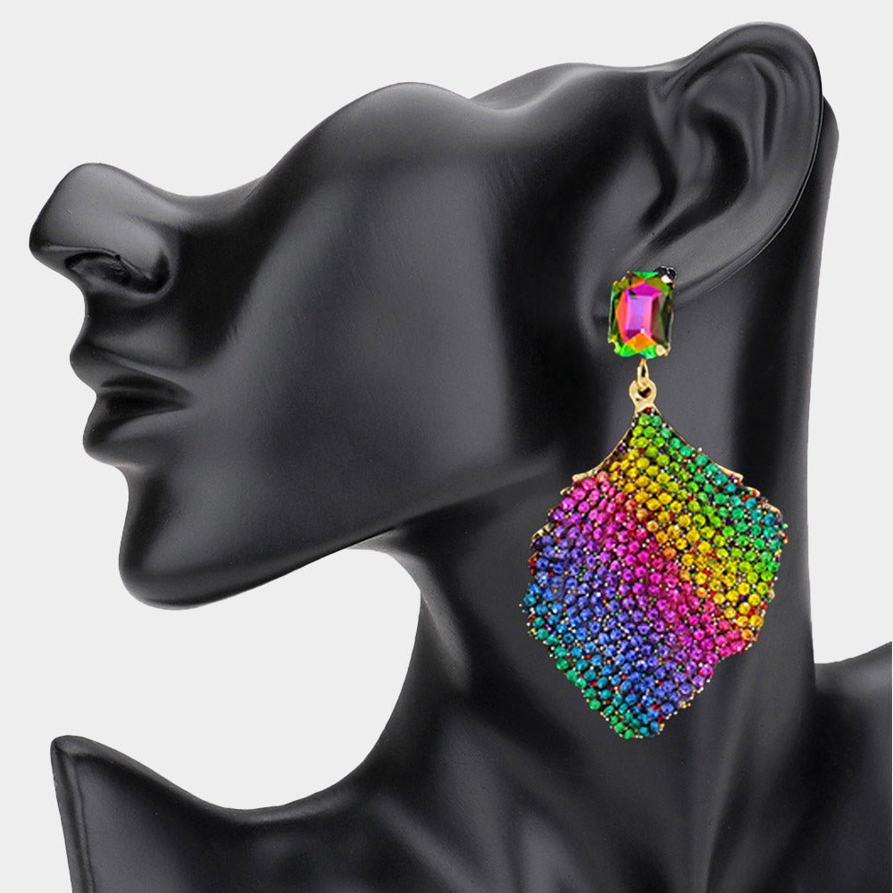 Multi-Color  Rhinestone Embellished Fun Fashion Leaf Shaped Earrings | Headshot Earrings