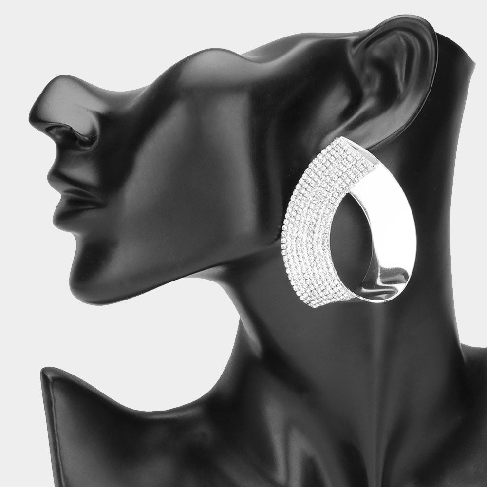 Half Clear Rhinestone Silver Metal Teardrop Pageant Earrings | Evening Earrings