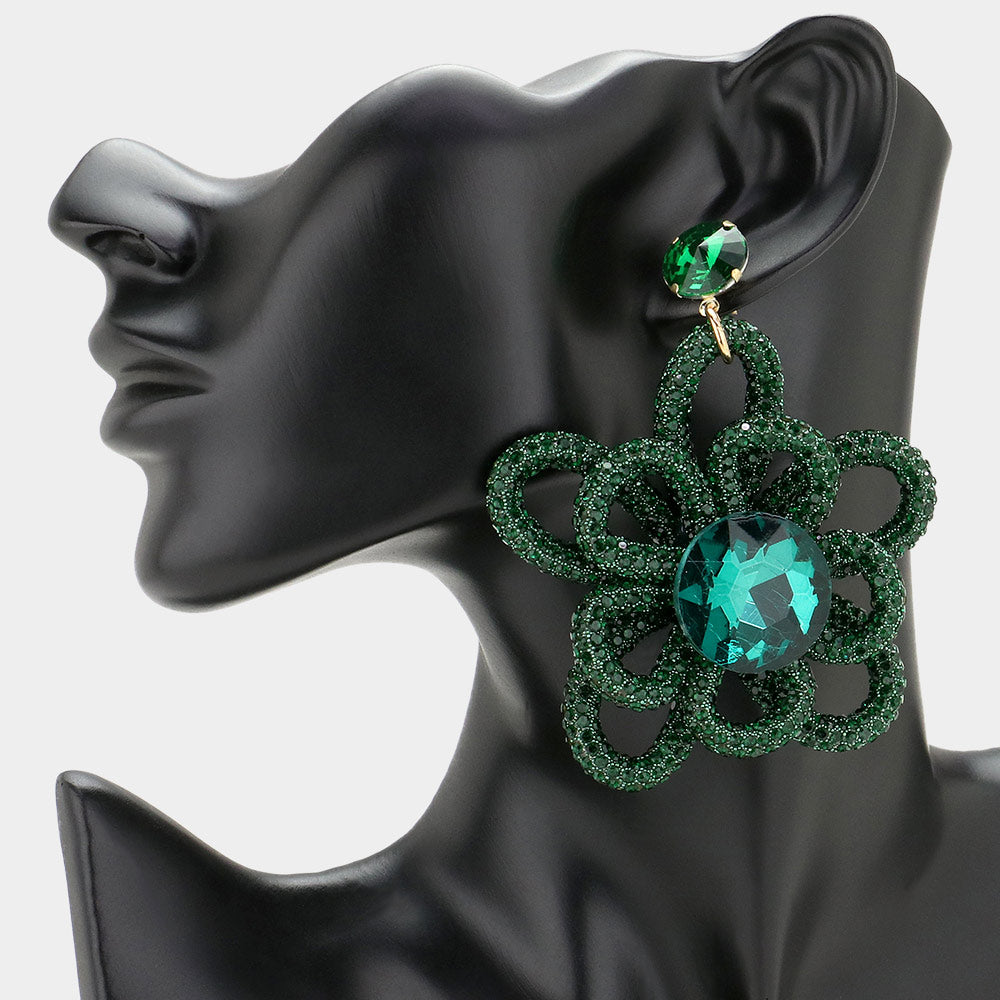 Oversized Emerald Green Round Stone and Rhinestone Flower Fun Fashion Earrings | Outfit of Choice Earrings | Head Shot Earrings