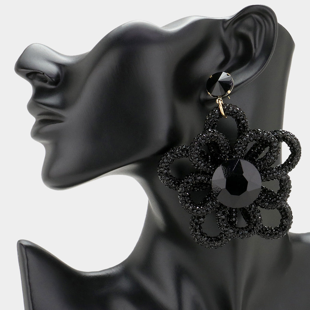 Oversized Black Round Stone and Rhinestone Flower Fun Fashion Earrings | Outfit of Choice Earrings | Head Shot Earrings