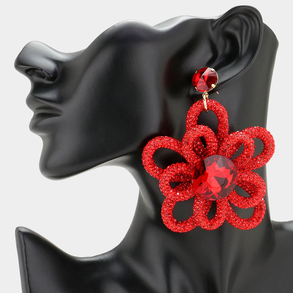 Oversized Red Round Stone and Rhinestone Flower Fun Fashion Earrings | Outfit of Choice Earrings | Head Shot Earrings