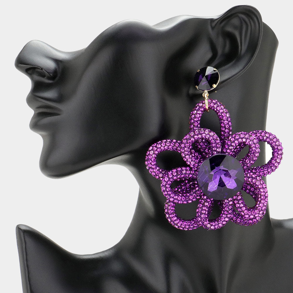 Oversized Purple Round Stone and Rhinestone Flower Fun Fashion Earrings | Outfit of Choice Earrings | Head Shot Earrings 