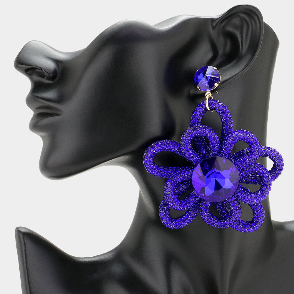 Oversized Sapphire Round Stone and Rhinestone Flower Fun Fashion Earrings   | Outfit of Choice Earrings | Head Shot Earrings