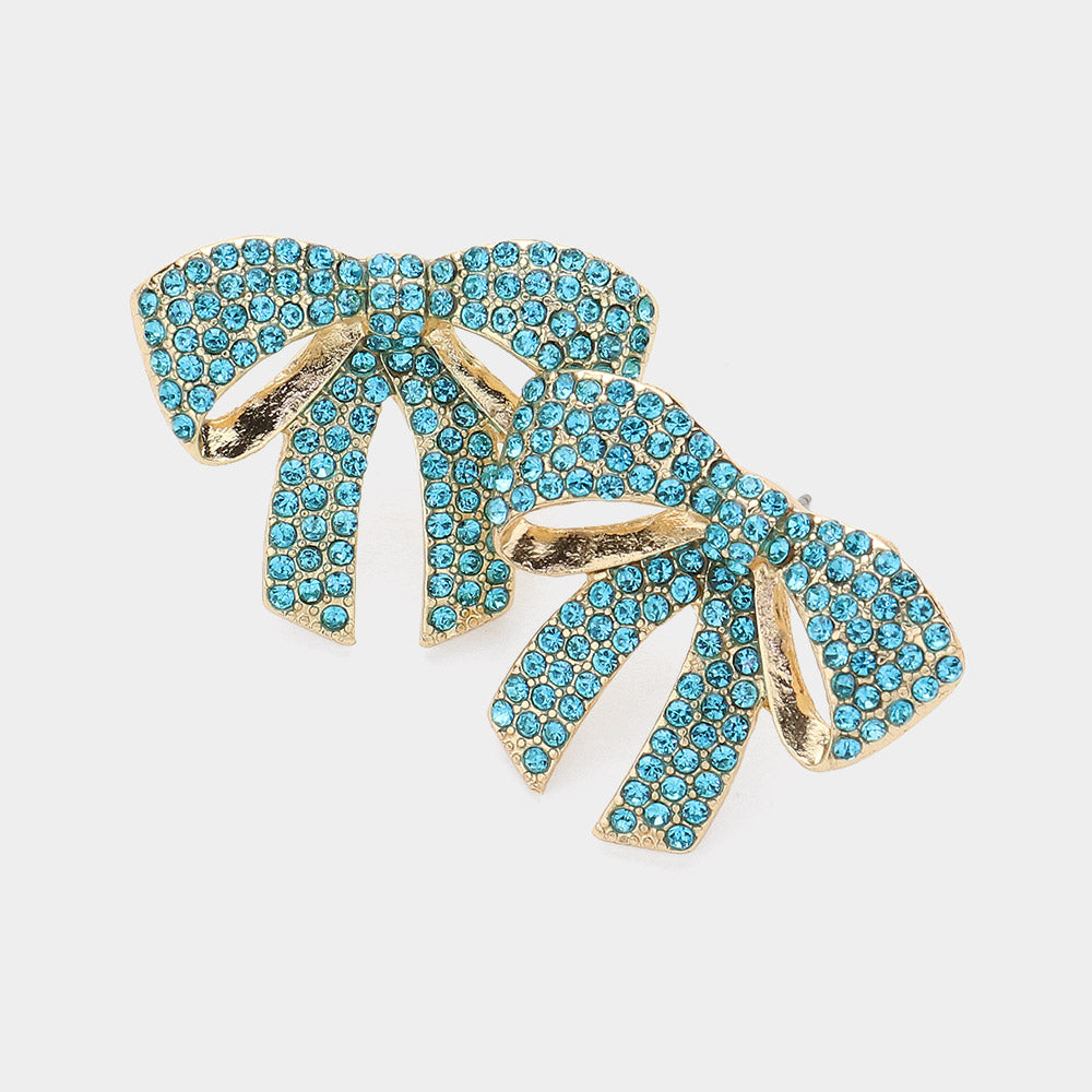 Small Aqua Rhinestone Bow Pageant Earrings | Aqua Bow Earrings