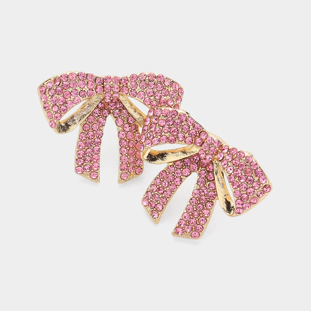 Small Pink Rhinestone Bow Pageant Earrings  | Pink Bow Earrings